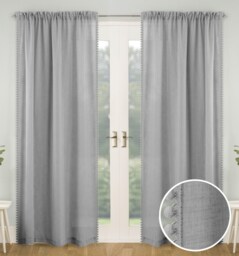 Pair of Tahiti Grey Pom-Pom Trim Linen Look Voile Panels with Rod Pocket Header 122 CMS