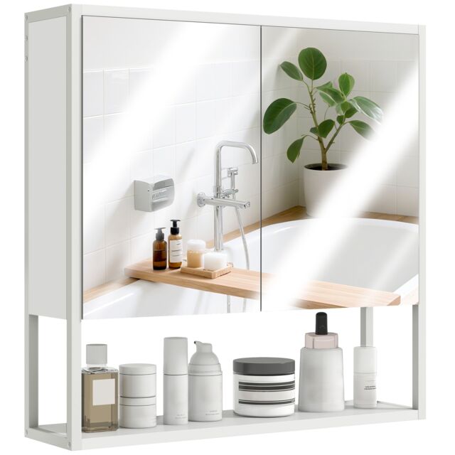 HOMCOM Bathroom Mirror Cabinet Wall Mounted with Soft-Close Doors and Adjustable Shelf, Industrial Bathroom Wall Cabinet with Open Storage, 60 x 16 x 60 cm, White White White