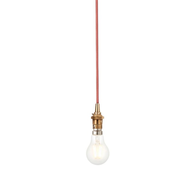Eltham Slim Pendant Ceiling Light Brushed Aged Brass Plate, Red Flex, 1x B22
