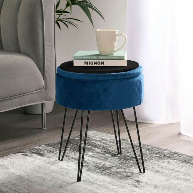 OHS Velvet Quilted Storage Hairpin Foot Stool Seat Chair, 36x43cm - Navy Blue