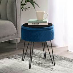 OHS Velvet Quilted Storage Hairpin Foot Stool Seat Chair, 36x43cm - Navy Blue