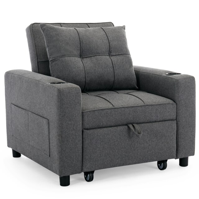 Hudson 1-Seater Sofa Bed Linen Fabric with Cup Holders (Grey)