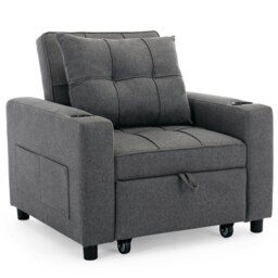 Hudson 1-Seater Sofa Bed Linen Fabric with Cup Holders (Grey)