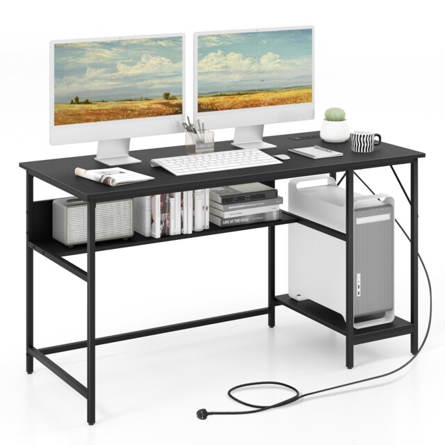 COSTWAY 140 x 60 CM Computer Desk w/ Charging Station Black