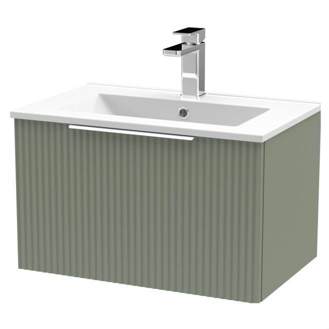 Balterley Tixall Fluted 1 Drawer Wall Hung Vanity Unit with Minimalist Basin, Satin Green, 600mm