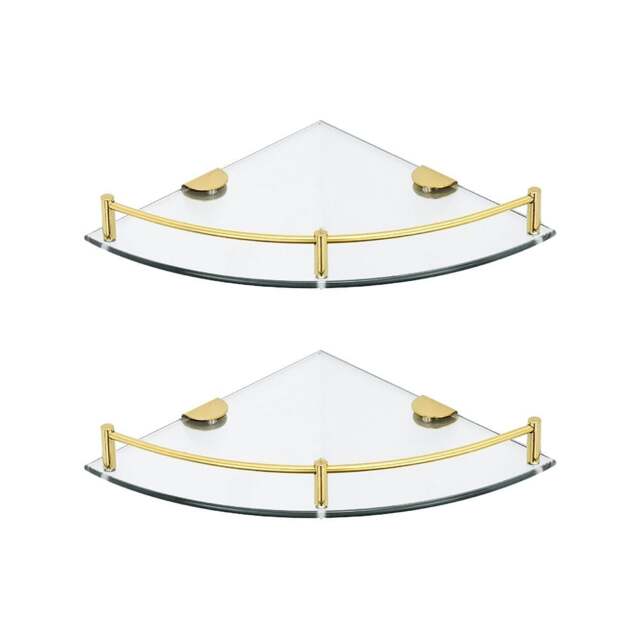 Living and Home Glass Corner Shelf for Bathroom 1-Tier Set of 2 - Gold