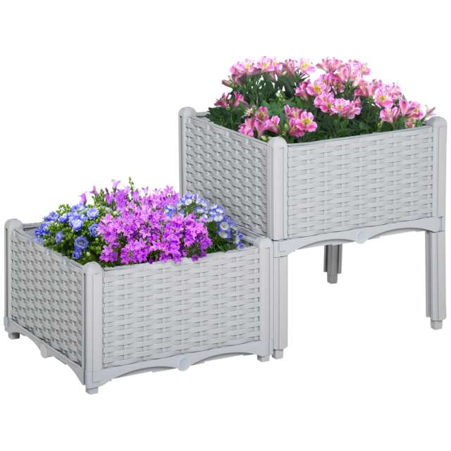 Outsunny 2-pieces Elevated Flower Bed Vegetable Herb Planter Plastic, Grey