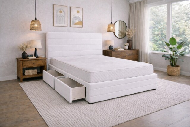 Divan Bed Set Headboard and Footboard with Mattress 4ft6 Double White Suede Storage 2 Drawers Right Side Laying in Bed