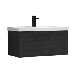 Balterley Wall Hung Bathroom 1 Drawer Vanity Unit and 1 Tap Hole Ceramic Basin, with Handle Black Charcoal Black