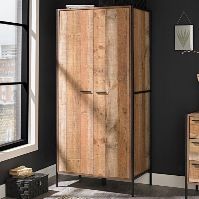 Hoxton 2 Door Wardrobe - Wood - L52 x W83.8 x H180 cm - Distressed Oak Effect Brown