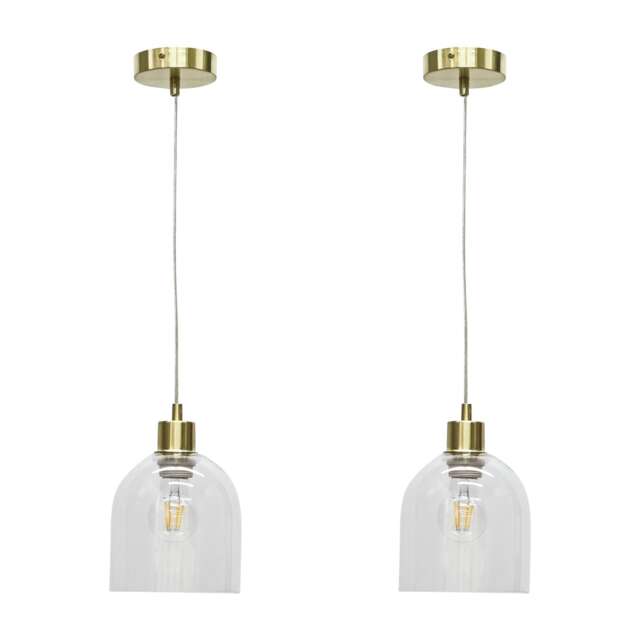 Set of 2 Belten - Clear Glass Cloche with Satin Brass Pendant Fittings Clear Clear 2