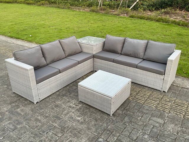 Fimous 6 Seater PE Wicker Light Grey Rattan Garden Corner Sofa Sets Outdoor Patio Furniture Coffee Table