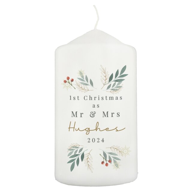 Personalised Christmas Foliage Pillar Candle White