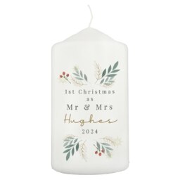 Personalised Christmas Foliage Pillar Candle White