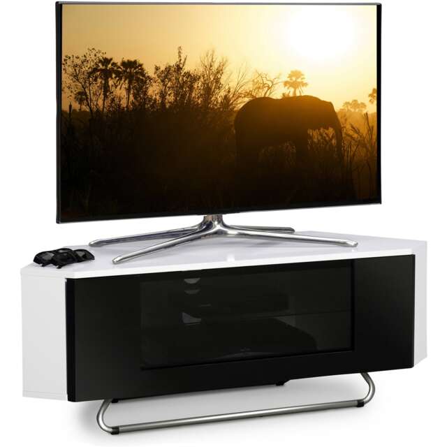 "Centurion Supports Hampshire Corner-Friendly Gloss White with Black Contrast Beam-Thru Remote Friendly Door 26""-50"" Flat Screen TV Cabinet White 1"