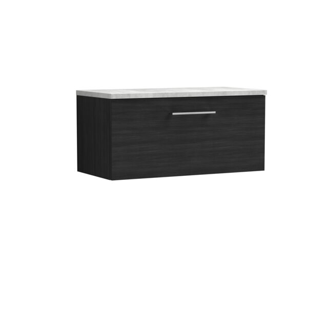 Balterley Level Wall Hung Single Drawer Vanity Unit with Laminate Worktop for Modern Bathroom Storage Black Black Woodgrain