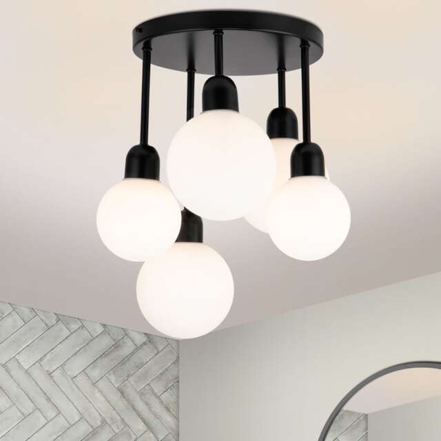 COSYLYTE Broome Bathroom Light 5 Modern Opal Glass Ceiling Light - Matt Black Black 1