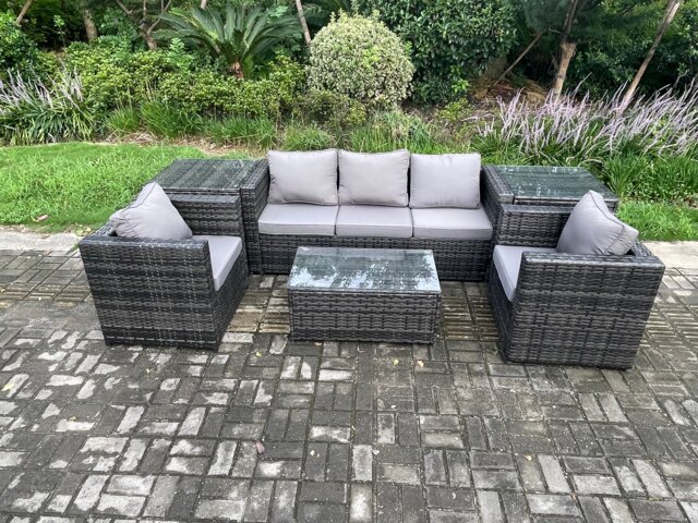 Fimous Rattan Garden Furniture Set with 3 Seater Sofa Coffee Table 2 Side Tables 2 Armchairs Indoor Outdoor Patio Lounge Sofa Set Dark Grey Mixed
