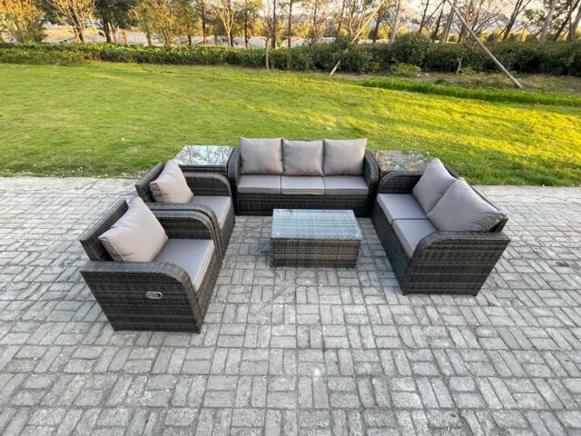 Fimous 7 Seater Rattan Wicker Garden Furniture Patio Conservatory Sofa Set with Rectangular Coffee Table 3 Seater Sofa Love Sofa 2 Side Tables
