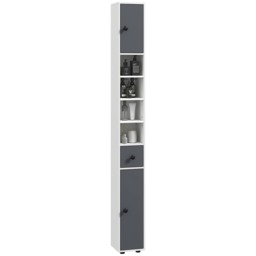 kleankin 180cm Tall Bathroom Cabinet, Slim Bathroom Storage Cabinet with 4 Open Shelves, 2 Door Cupboards and Adjustable Shelves, White and Grey