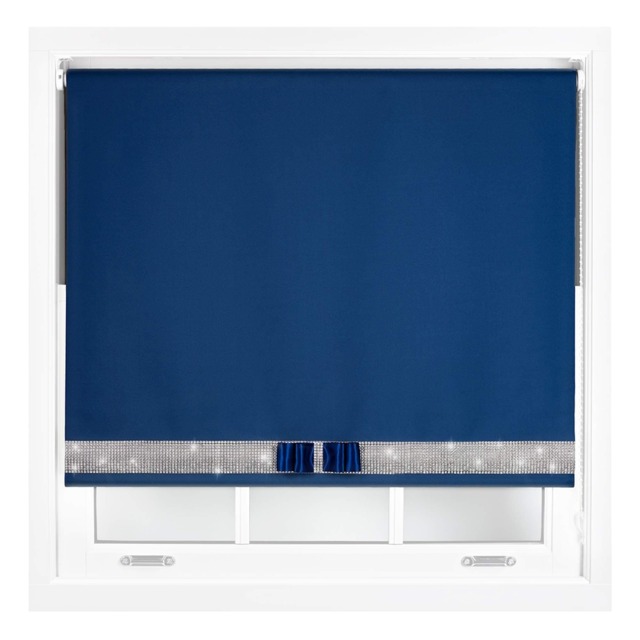 FURNISHED Blackout Roller Blinds with Diamante Trim and Bow Cut to Size Blue Navy (W) 120cm x (L) 165cm