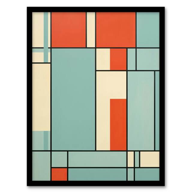 Piet Mondrian Inspired Teal Coral Abstract Black Framed Wall Art Print A4