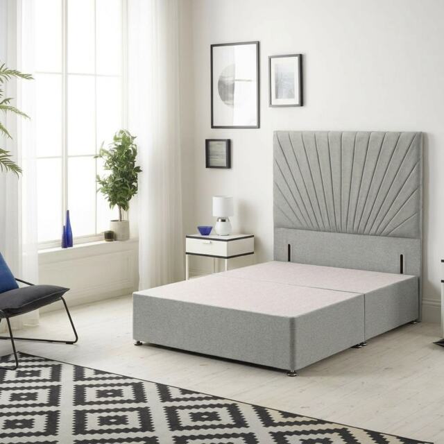 Sunburst Divan Bed with 54'' Floor Standing Headboard Tweed Fabric Grey Grey