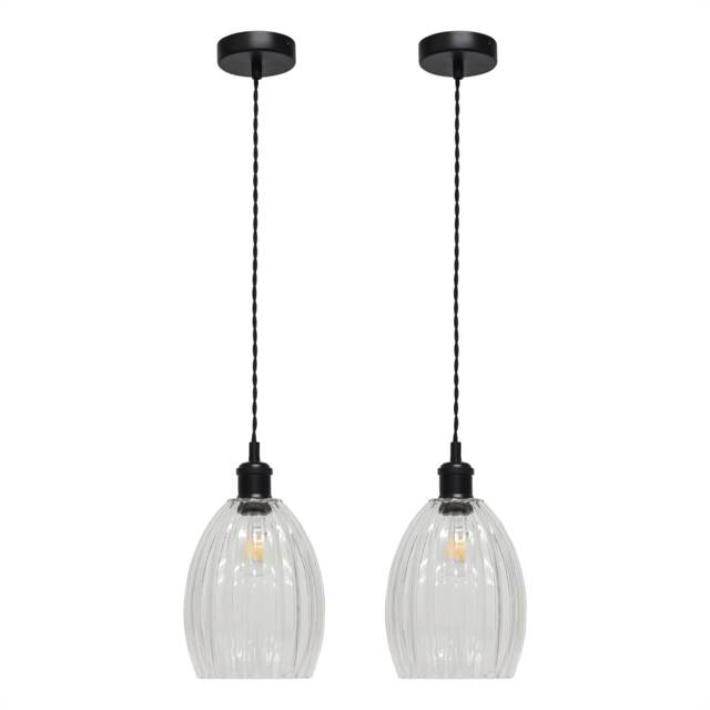Set of 2 Birch - Clear Fluted Glass Black Retro Pendant Fittings