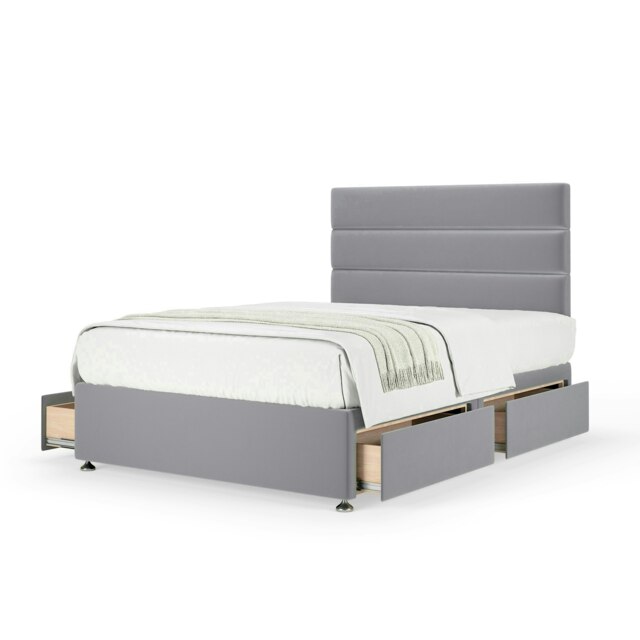 Neptune Spring Silver Plush Velvet 4 Drawer Divan Set And Milan Headboard Super King