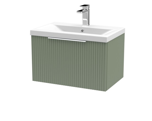 Balterley Fluted Wall Hung 1 Drawer Vanity Basin Unit with Ceramic Basin Green Satin Green