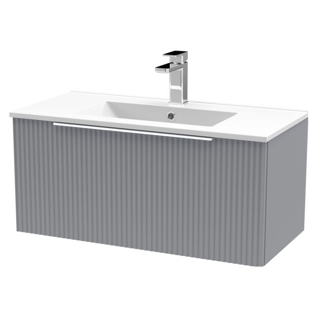 Balterley Tixall Fluted 1 Drawer Wall Hung Vanity Unit with Minimalist Basin, Satin Grey, 800mm