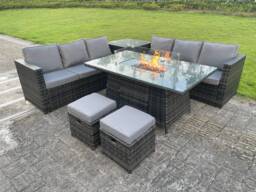 Fimous 8 Seater Outdoor Rattan Garden Furniture Gas Fire Pit Table Sets Gas Heater Lounge Dark Grey Footstool