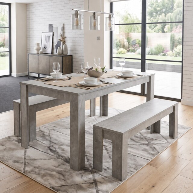 Stone Grey Effect Wood Dining Table Set with 2 Grey Benches Stylish Dining Room Furniture