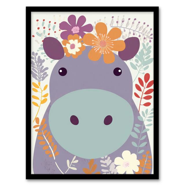 Harriet Hippo Flowers Pastel Kids Bedroom Black Framed Wall Art Print A4