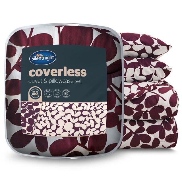 Silentnight Coverless Duvet and Pillowcase Set, Leaf Print Purple Berry Double