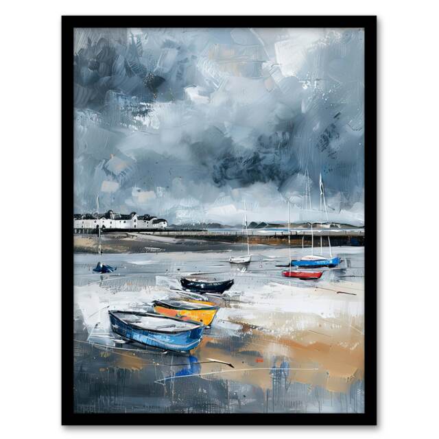 Fishing Boats Yorkshire Coast Beach East Black Framed Wall Art Print A4