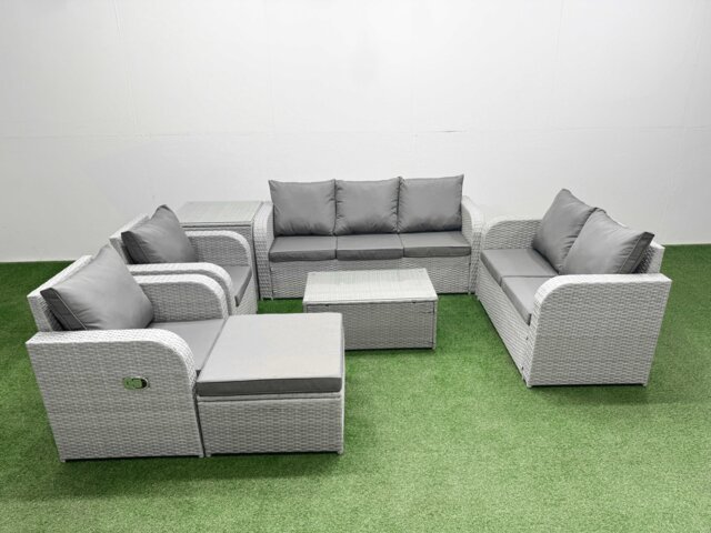 Fimous PE Rattan Garden Furniture Set Adjustable Chair Sofa Double Love Seat 2 Seater Sofa Lounge Set Oblong Coffee Table Big Footstool Side Table Light Grey