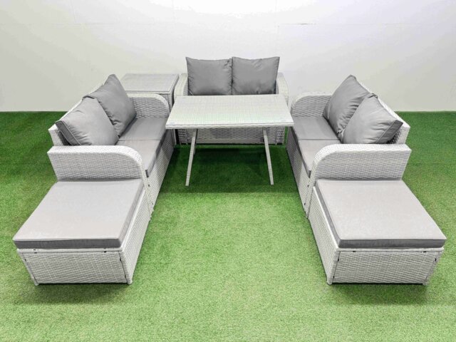 Fimous Rattan Garden Furniture Dining Set 8-seater Patio Rectangular Table Love Sofa Set with Side Table 2 Big Stools