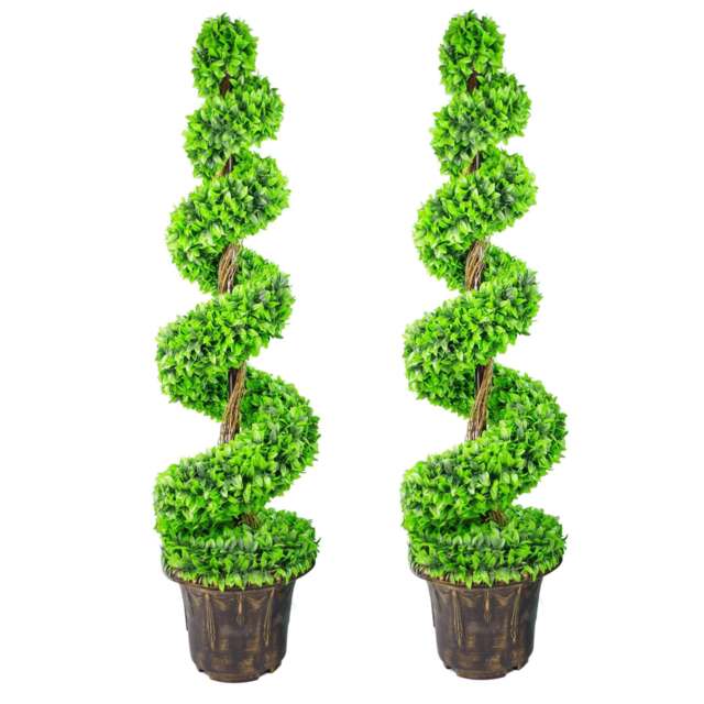 120cm Pair of Green Large Leaf Spiral Topiary Trees with Decorative Planters Green 4ft