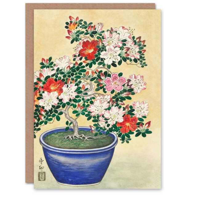Ohara Koson Japanese Art Card Blooming Azalea In Blue Pot