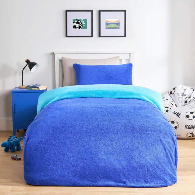 OHS Luxury Teddy Fleece Reversible Duvet Cover and Pillowcase Bedding Set Multi Blue/Sea Blue Single