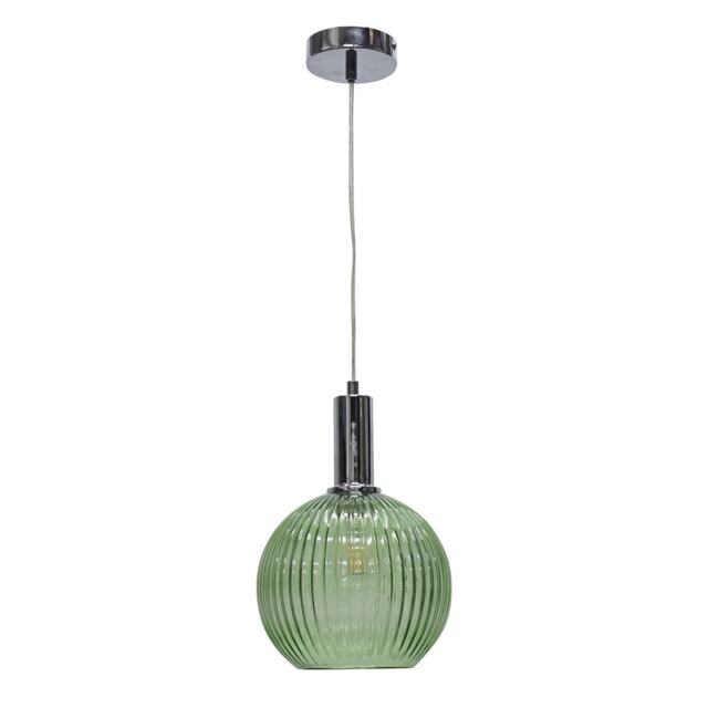 Betchley - Green Ribbed Glass Globe Chrome Deco Pendant Fitting