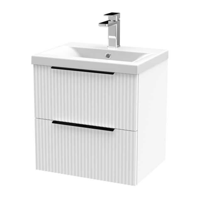Balterley Contemporary Fluted Front Wall Hung 2-Drawer Bathroom Vanity Unit with 1 Tap Hole Basin, Handles White Satin White