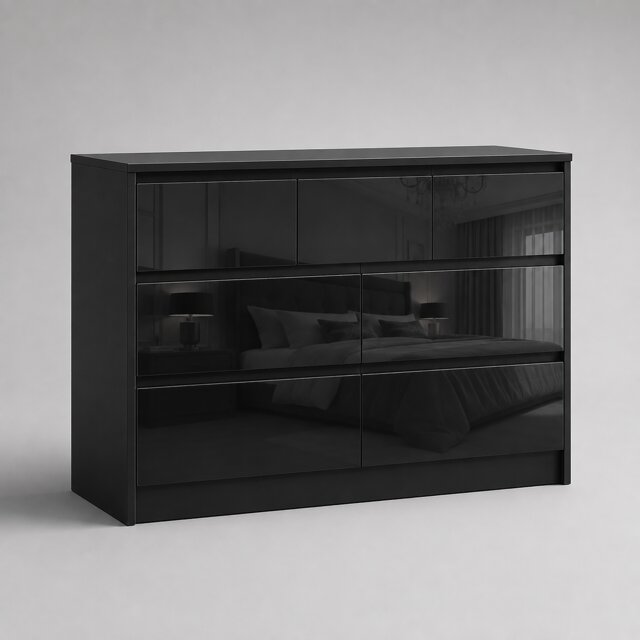 LUXURY Black High Gloss Chest of Drawers, 7 Drawer Handleless Cabinet