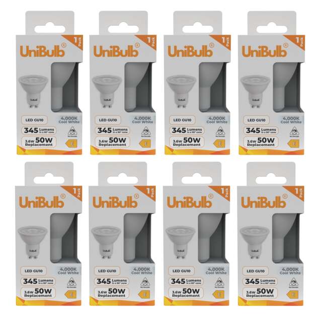 UniBulb LED GU10 345lm 3.6W (Replaces 50W) 4000K (Cool White) Spotlight Downlight Light Bulb - Pack of 8 White Cool White 8