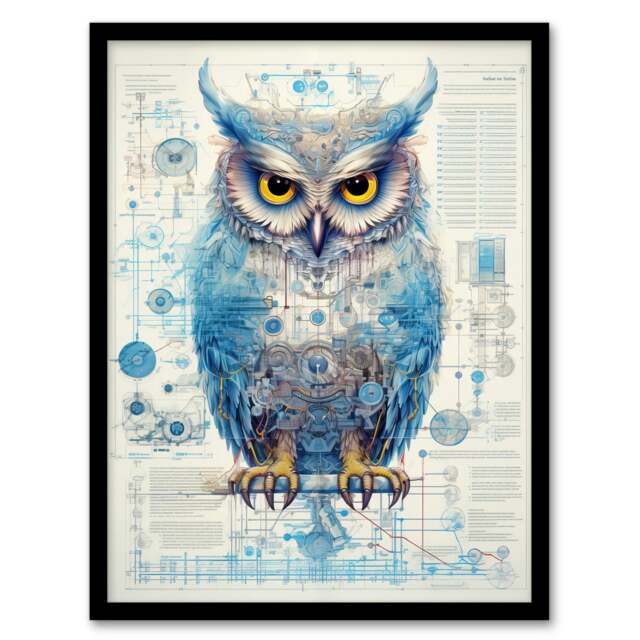 Owl Robot Sci-Fi Blueprint Futuristic Secret Military Black Framed Wall Art Print A4