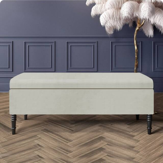 Paris Plain 90cm Ottoman Storage Bench - Plush Velvet Shoe Bench - Cream Upholstery Footstool with Storage