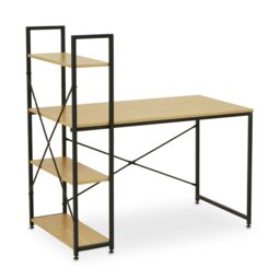 Light Yellow Desk With Black Metal Frame and Shelves,Shelf Unit With Open Frame Structure,Ideal For Office Black