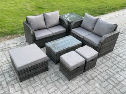 Fimous 7 Seater Garden Furniture Set Rattan Outdoor Lounge Sofa Chair With Tempered Glass Table 3 Footstools Side Table Dark Grey Mixed