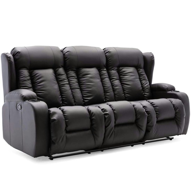 Caesar 3 Seater Manual High Back Bonded Leather Recliner Sofa (Black)